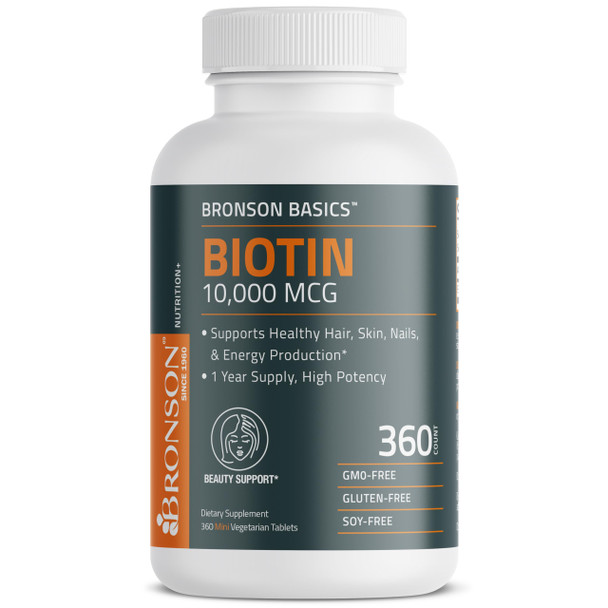 Bronson Biotin 10,000 Mcg Supports Healthy Hair, Skin & Nails & Energy Production - High Potency Beauty Support - Non-Gmo, 360 Vegetarian Tablets