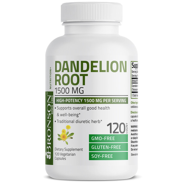 Bronson Dandelion Root 1500 MG  High Potency, Supports Overall Good Health & Well-Being, Traditional Diuretic Herb - Non-GMO, 120 Vegetarian Capsules