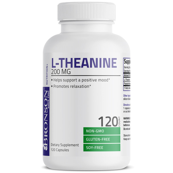 Bronson L-Theanine 200mg (Double-Strength) with Passion Flower Herb, Non-GMO Gluten-Free Soy-Free  Management Supplement, 120 Capsules
