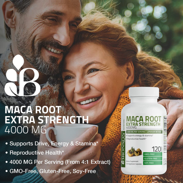 Bronson Maca Root Extra Strength 4000 MG , Lepidium Meyenii - Non-GMO, 120 Vegetarian Capsules
