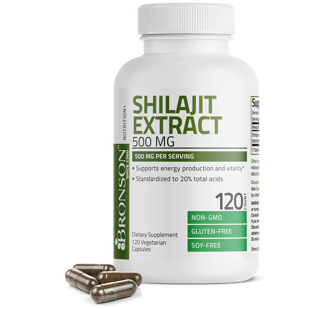 Bronson Shilajit Extract 500 MG , Supports Energy Production & Vitality, Standardized to 20% Total s, Non-GMO, 120 Vegetarian Capsules