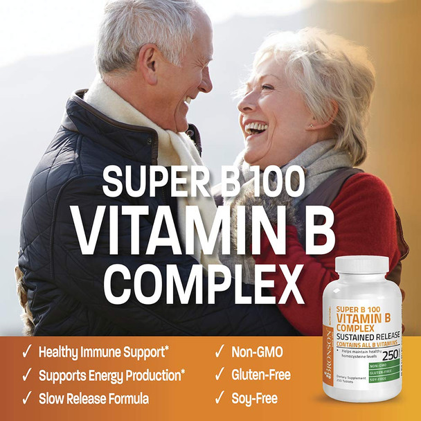 Bronson Vitamin B 100 Complex High Potency Sustained Release (Vitamin B1, B2, B3, B6, B9 - Folic , B12), 250 Tablets