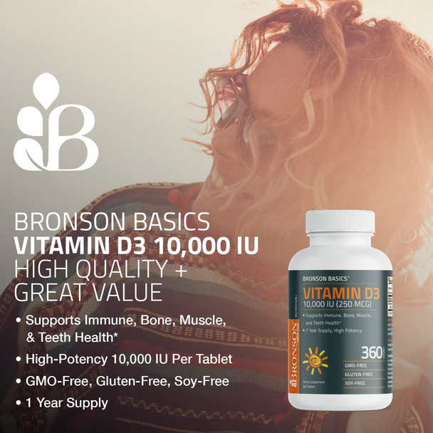 Bronson Vitamin D3 10,000 IU (250 MCG) Supports Immune, Bone, Muscle and Teeth Health, 1 Year Supply High Potency - Non-GMO, 360 Tablets