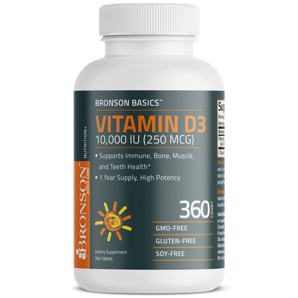 Bronson Vitamin D3 10,000 IU (250 MCG) Supports Immune, Bone, Muscle and Teeth Health, 1 Year Supply High Potency - Non-GMO, 360 Tablets