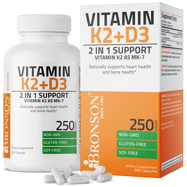 Bronson Vitamin K2 (MK7) with D3 Supplement Non-GMO Formula 5000 IU Vitamin D3 & 90 mcg Vitamin K2 MK-7 Easy to Swallow Vitamin D & K Complex, 250 Capsules