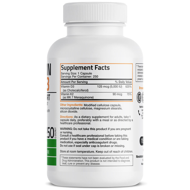 Bronson Vitamin K2 (MK7) with D3 Supplement Non-GMO Formula 5000 IU Vitamin D3 & 90 mcg Vitamin K2 MK-7 Easy to Swallow Vitamin D & K Complex, 250 Capsules