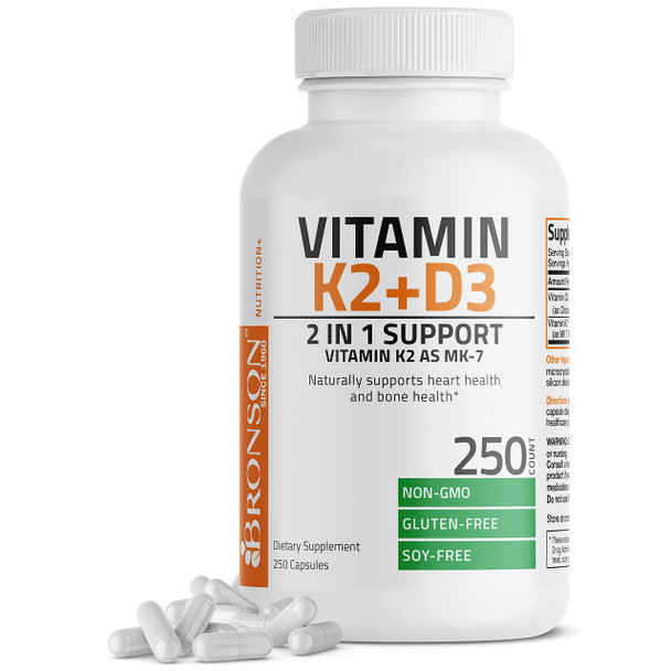 Bronson Vitamin K2 (MK7) with D3 Supplement Non-GMO Formula 5000 IU Vitamin D3 & 90 mcg Vitamin K2 MK-7 Easy to Swallow Vitamin D & K Complex, 250 Capsules