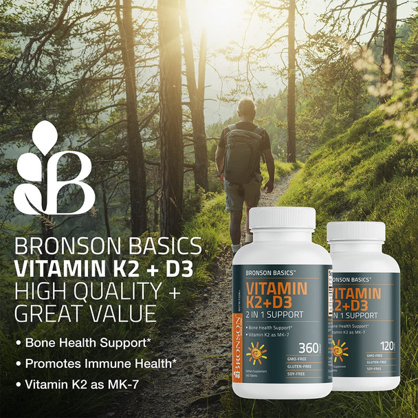 Bronson Vitamin K2 D3 (MK7) Supplement Non-GMO Formula 5000IU (125 mcg) Vitamin D3 & 90 mcg Vitamin K2 MK-7 Easy to Swallow Vitamin D & K Complex, 360 Tablets