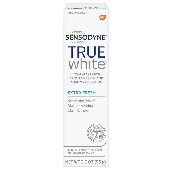 Sensodyne True White Sensitive Teeth Whitening Toothpaste for Stained Teeth, Cavity Prevention and Sensitive Teeth Treatment, Extra Fresh - 3 Ounces