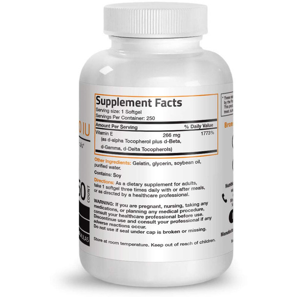 Vitamin E Complex Supplement 400 I.U. (80% D-Alpha Tocopherol),  Antioxidant, 250 Softgels