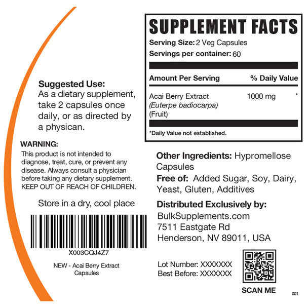 BulkSupplements Acai Berry Extract Capsules - Antioxidants Supplement for Immune Support - Vegan,  - 2 Capsules  - 60-Day Supply (120 Veg Capsules)