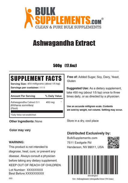 BulkSupplements Ashwagan Root Extract Powder - Herbal Supplement, Ashwagan Powder -  - 450mg , 1111 Servings (500 Grams - 1.1 lbs)