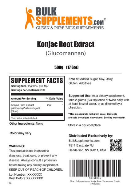 BulkSupplements Glucomannan Extract Powder - Konjact Root Powder, Soluble Fiber Supplement -  Powder - 2g (2000mg)  (500 Grams - 1.1 lbs)