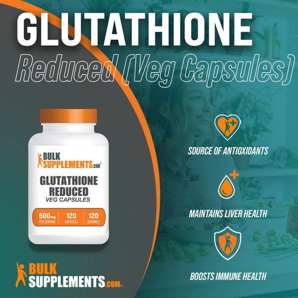 BulkSupplements Glutathione Reduced Capsules (Reduced Glutathione) - for Antioxidant & Liver Support - Vegan,  - 500mg  - 4-Month Supply (120 Veg Capsules) BulkSupplements Glutathione Reduced Capsules (Reduced Glutathione) - for Antioxidant & Liver Support - Vegan,  - 500mg  - 4-Month Supply (120 Veg Capsules)