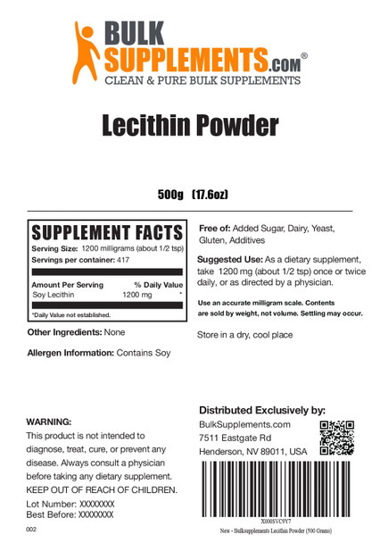 BulkSupplements Lecithin Powder - Lecithin Supplement from Soy - 1200mg of Soy Lecithin Powder , Soy Lecithin Granules - Lecithin 1200mg Supplements (500 Grams - 1.1 lbs)