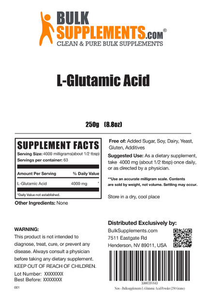 BulkSupplements L-Glutamic   Powder - Amino s Supplement for Brain Health -  - 500mg , 500 Servings (250 Grams - 8.8 oz)