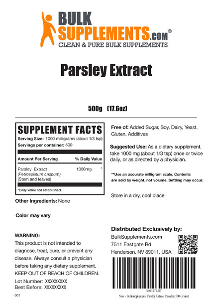 BulkSupplements Parsley Extract Powder - Herbal Supplement Powder, Antioxidants Source -  - 1000mg , 500 Servings (500 Grams 1.1 lbs)