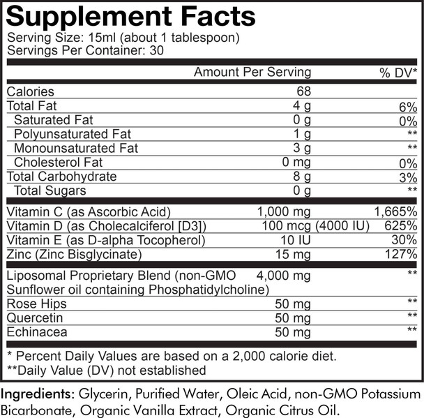 Codeage Liquid Vitamin C 1000mg, Vitamins D3, E & Zinc, Rose Hips, Quercetin, Echinacea, Vegan Liposomal Vitamin C Supplement, Non-GMO, 16 fl oz