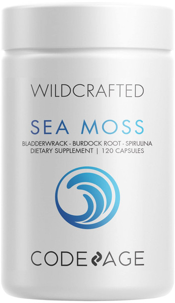 Codeage Raw Wildcrafted Irish Sea Moss Supplement, Spirulina Algae, Bladderwrack Seaweed, Burdock Root, Black , Vegan, Non-GMO, 120 Capsules