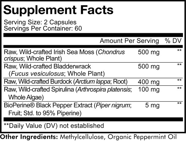 Codeage Raw Wildcrafted Irish Sea Moss Supplement, Spirulina Algae, Bladderwrack Seaweed, Burdock Root, Black , Vegan, Non-GMO, 120 Capsules