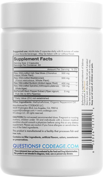 Codeage Raw Wildcrafted Irish Sea Moss Supplement, Spirulina Algae, Bladderwrack Seaweed, Burdock Root, Black , Vegan, Non-GMO, 120 Capsules