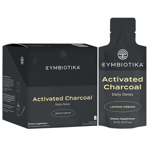 CYMBIOTIKA Activated Charcoal Liquid Supplement, Stomach Detox & Digestive Relief for , Helps Alleviate Gas & Bloating, Easy to Use, Lemon Creme Flavor - 10ml Pouches (Pack of 26)