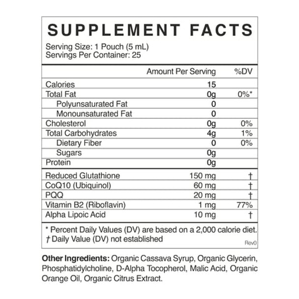 CYMBIOTIKA Liposomal Glutathione with PQQ & , Reduced Glutathione 150 mg,  Antioxidant for Men & Women, Organic Citrus Berry Flavor, 5mL Pouches (Pack of 25)