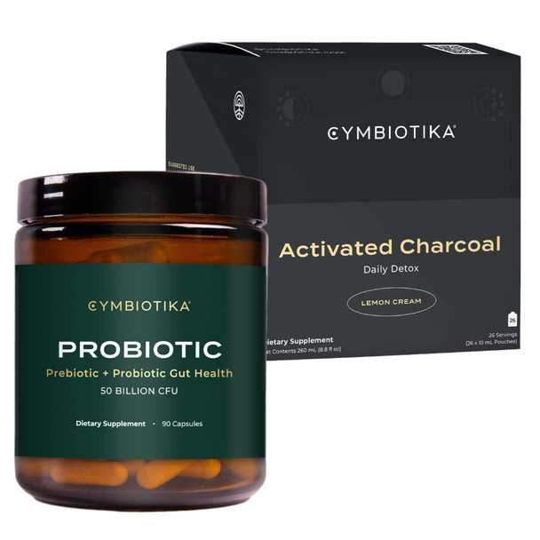 CYMBIOTIKA Probiotic 50 Billion CFU & Activated Charcoal Liquid Supplement, Supports Healthy Digestion for Men & Women, Stomach Detox & Digestive Relief, Helps Alleviate Gas & Bloating