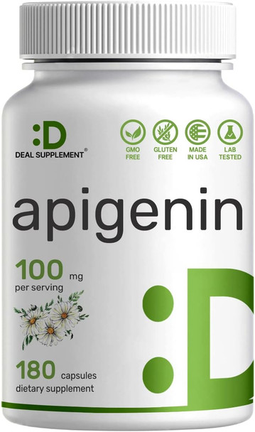 Apigenin 100mg Per Serving, 180 Capsules, 3 Months Supply, Apigenin Supplement, Third Party Tested, Non-GMO & No Gluten