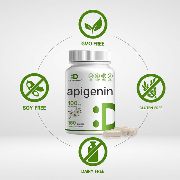 Apigenin 100mg Per Serving, 180 Capsules, 3 Months Supply, Apigenin Supplement, Third Party Tested, Non-GMO & No Gluten