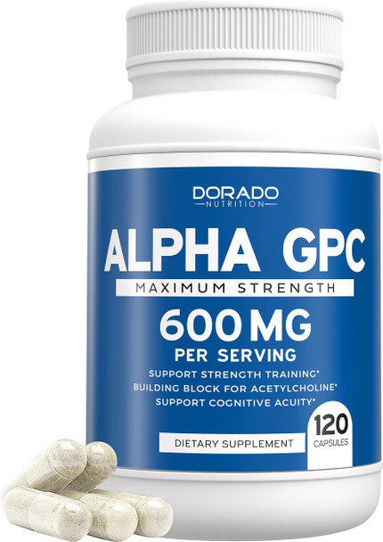 Alpha GPC 600mg Per Serving - (120 Vegan Capsules) - Choline Brain Supplement for Acetylcholine Advanced Memory Formula, Focus and Brain Support Supplement - USA Made - Non GMO, Vegan - (120 Count)