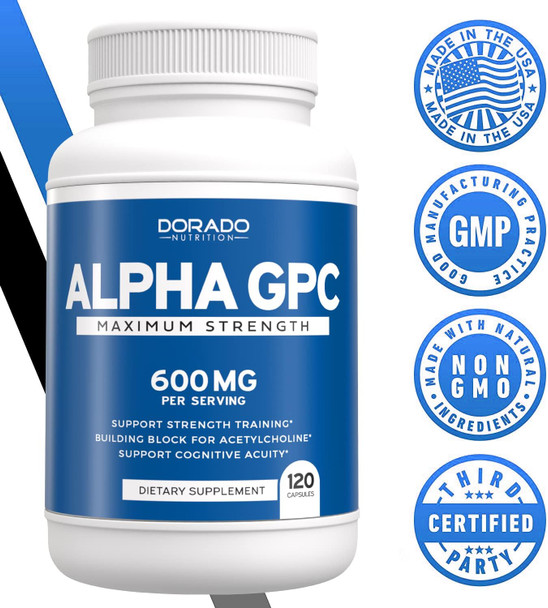 Alpha GPC 600mg Per Serving - (120 Vegan Capsules) - Choline Brain Supplement for Acetylcholine Advanced Memory Formula, Focus and Brain Support Supplement - USA Made - Non GMO, Vegan - (120 Count)