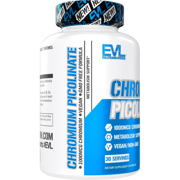 Chromium Picolinate 1000mcg Mineral Supplement - High Strength Chromium Supplement for Metabolism Hunger and Weight Support - Evlution Nutrition Lean Muscle Mass Gainer Bodybuilding Supplement