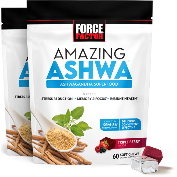 Force Factor Amazing Ashwa for  Relief, Memory, Focus, and Immune Support Health, Ashwaganda Supplement with KSM-66 Ashwagan for , 120 Soft Chews