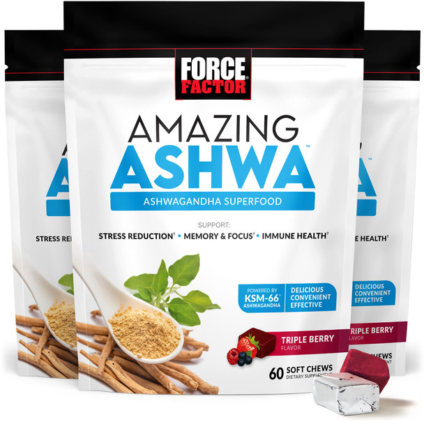 Force Factor Amazing Ashwa for  Relief, Memory, Focus, and Immune Support Health, Ashwaganda Supplement with KSM-66 Ashwagan for , 180 Soft Chews
