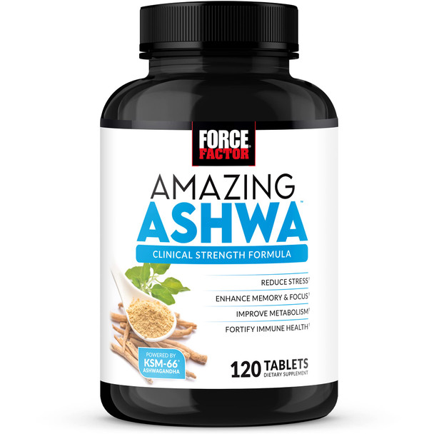 Force Factor Amazing Ashwa for  Relief, Memory, Focus, Immune Health, and Metabolism, Ashwaganda Supplement with KSM-66 Ashwagan for , 120 Tablets, White Packaging