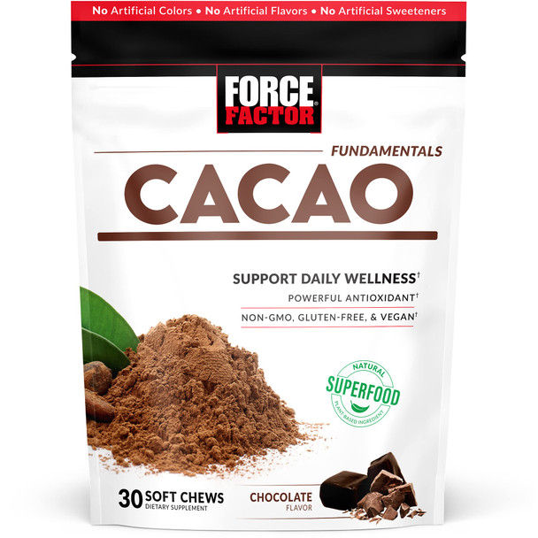 Force Factor Cacao Soft Chews to Boost Energy and Immunity, Powerful Superfood and Antioxidants Supplement Made with Premium Cacao, Non-GMO, Gluten-Free, and Vegan, Chocolate Flavor, 30 Soft Chews