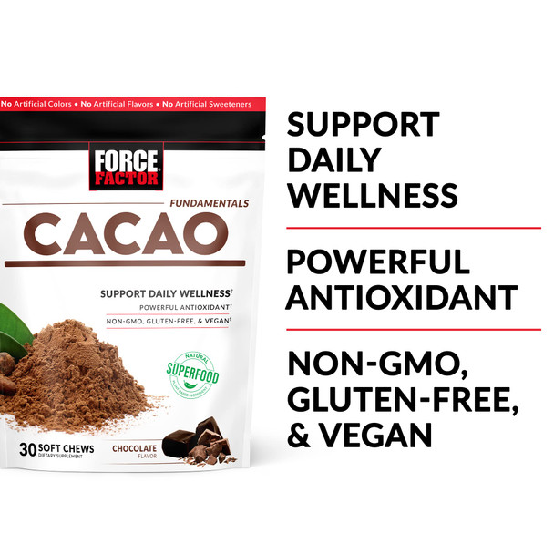 Force Factor Cacao Soft Chews to Boost Energy and Immunity, Powerful Superfood and Antioxidants Supplement Made with Premium Cacao, Non-GMO, Gluten-Free, and Vegan, Chocolate Flavor, 30 Soft Chews