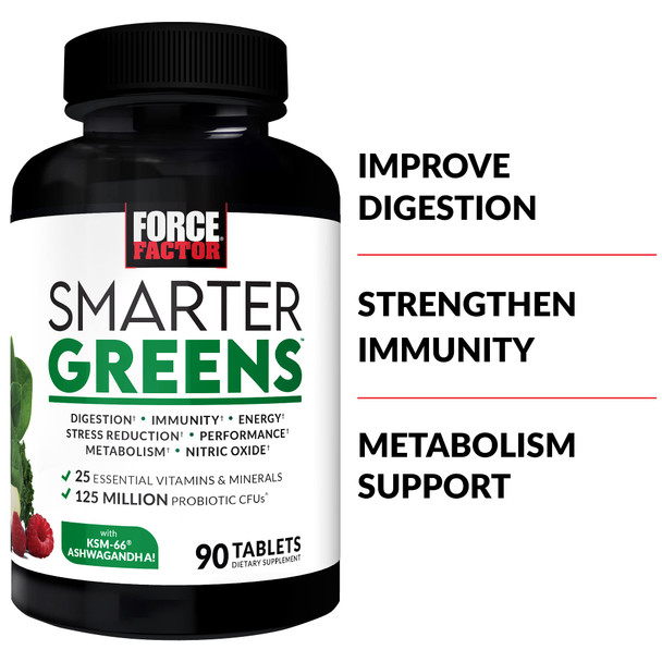 Force Factor Smarter Greens Tablets, 2-Pack, Greens Supplement with 25+ Superfoods and Antioxidants to Improve Digestion, Reduce , Strengthen Immunity, and Support Metabolism, 180 Tablets