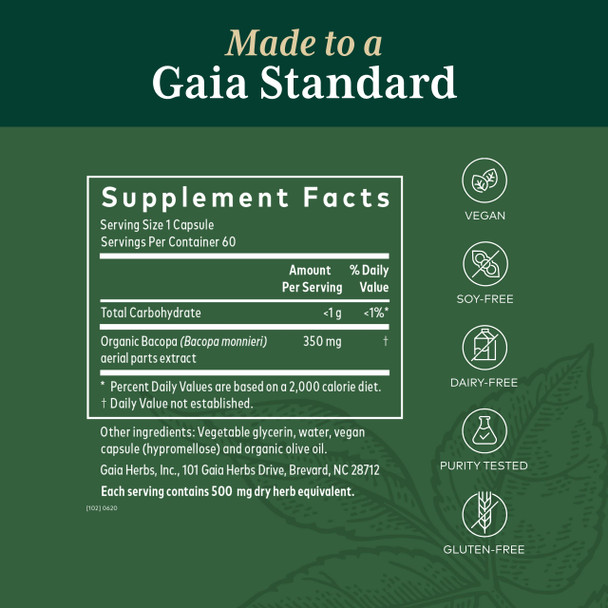 Gaia PRO Bacopa - Herbal Nootropic Working Memory Supplement for Brain Function- with Organic Bacopa - 60 Vegan Liquid Phyto-Capsules (60 Servings)