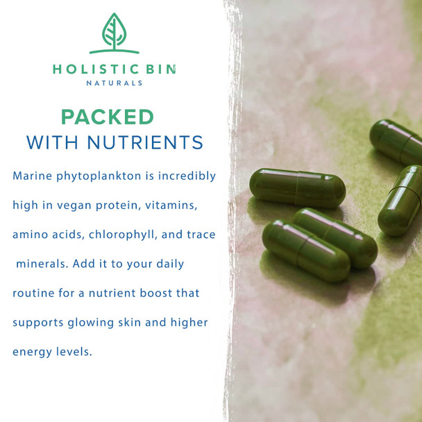 Holistic Bin Marine Phytoplankton Capsules ly Grown in Nordic Seawater | Vegan Omega 3 Supplement | Rich in Amino s, Chlorophyll, Vitamins, & Trace Minerals