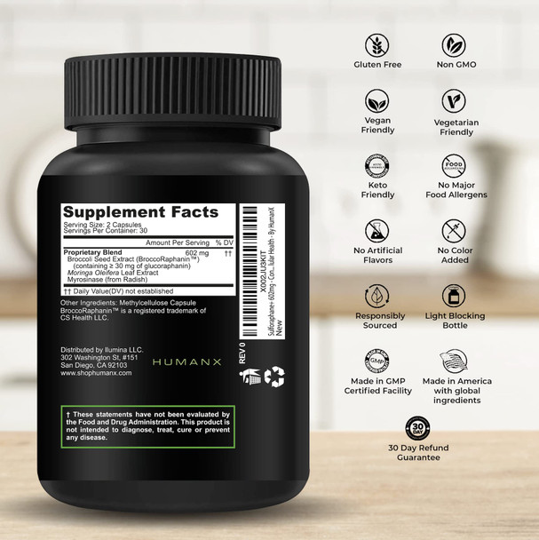 HUMANX Sulforaphane+ 602mg- Sulforaphane with Broccoli Seed Extract & Moringa - Supports Antioxidant Production, Detoxification, & Cellular Health - Broccoli Supplement