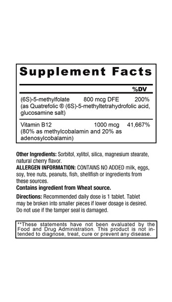 Active Methyl B-12 Folate by Core Med Science - 1000mcg B-12 and 800mcg Methyl Folate - 60 Lozenges - Vitamin B Supplement