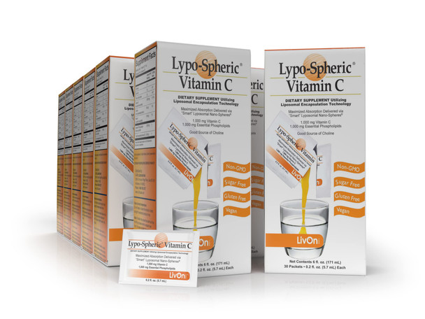 LivOn Laboratories LypoSpheric Vitamin C  12 Cartons (360 Packets)  1,000 mg Vitamin C & 1,000 mg Essential Phospholipids Per Packet  Liposome Encapsulated for Improved Absorption  100% NonGMO
