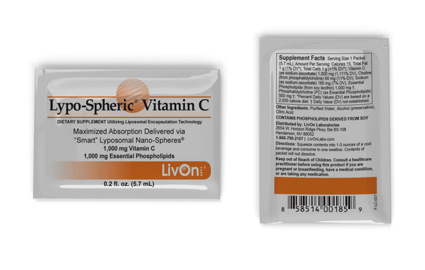 LivOn Laboratories LypoSpheric Vitamin C  12 Cartons (360 Packets)  1,000 mg Vitamin C & 1,000 mg Essential Phospholipids Per Packet  Liposome Encapsulated for Improved Absorption  100% NonGMO