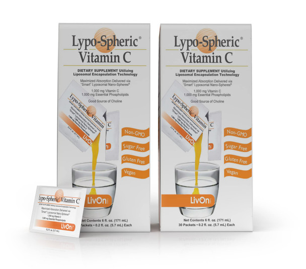 LivOn Laboratories LypoSpheric Vitamin C  2 Cartons (60 Packets)  1,000 mg Vitamin C & 1,000 mg Essential Phospholipids Per Packet  Liposome Encapsulated for Improved Absorption  100% NonGMO