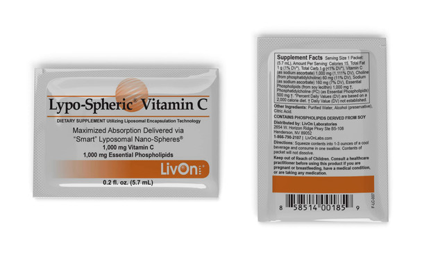 LivOn Laboratories LypoSpheric Vitamin C  2 Cartons (60 Packets)  1,000 mg Vitamin C & 1,000 mg Essential Phospholipids Per Packet  Liposome Encapsulated for Improved Absorption  100% NonGMO