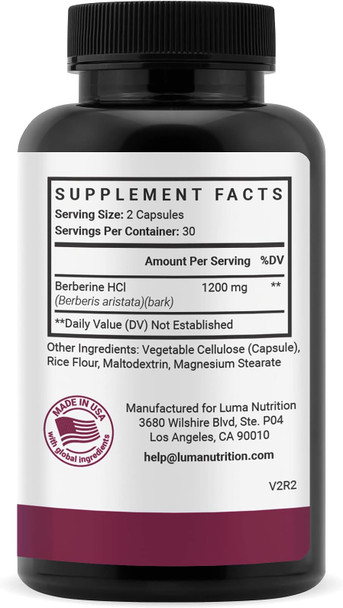 Luma Nutrition Berberine Supplement - Berberine 1200mg Per Serving - Berberine HCI - Berberine Plus - 60 Berberine Capsules