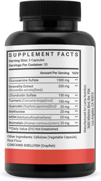 Luma Nutrition Glucosamine Chondroitin MSM - Turmeric, Boswellia - Premium Supplement - for Men and Women - Joint Supplement - 90 Capsules