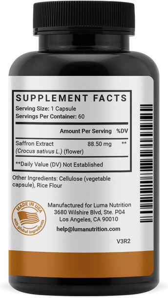 Luma Nutrition Saffron Extract Capsules - Premium Saffron Supplements - 88.50 mg Pure Saffron Pills - Mood Support - Eye Support - 60 Capsules